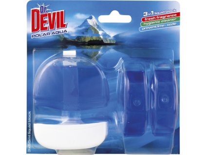 Dr. Devil 3v1 Polar Aqua tekutý WC blok, košíček + náplň 3× 55 ml