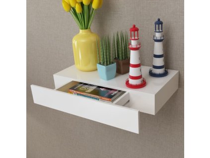 Bílá plovoucí MDF police na vystavování/ukládání knih & DVD, 1 šuplík