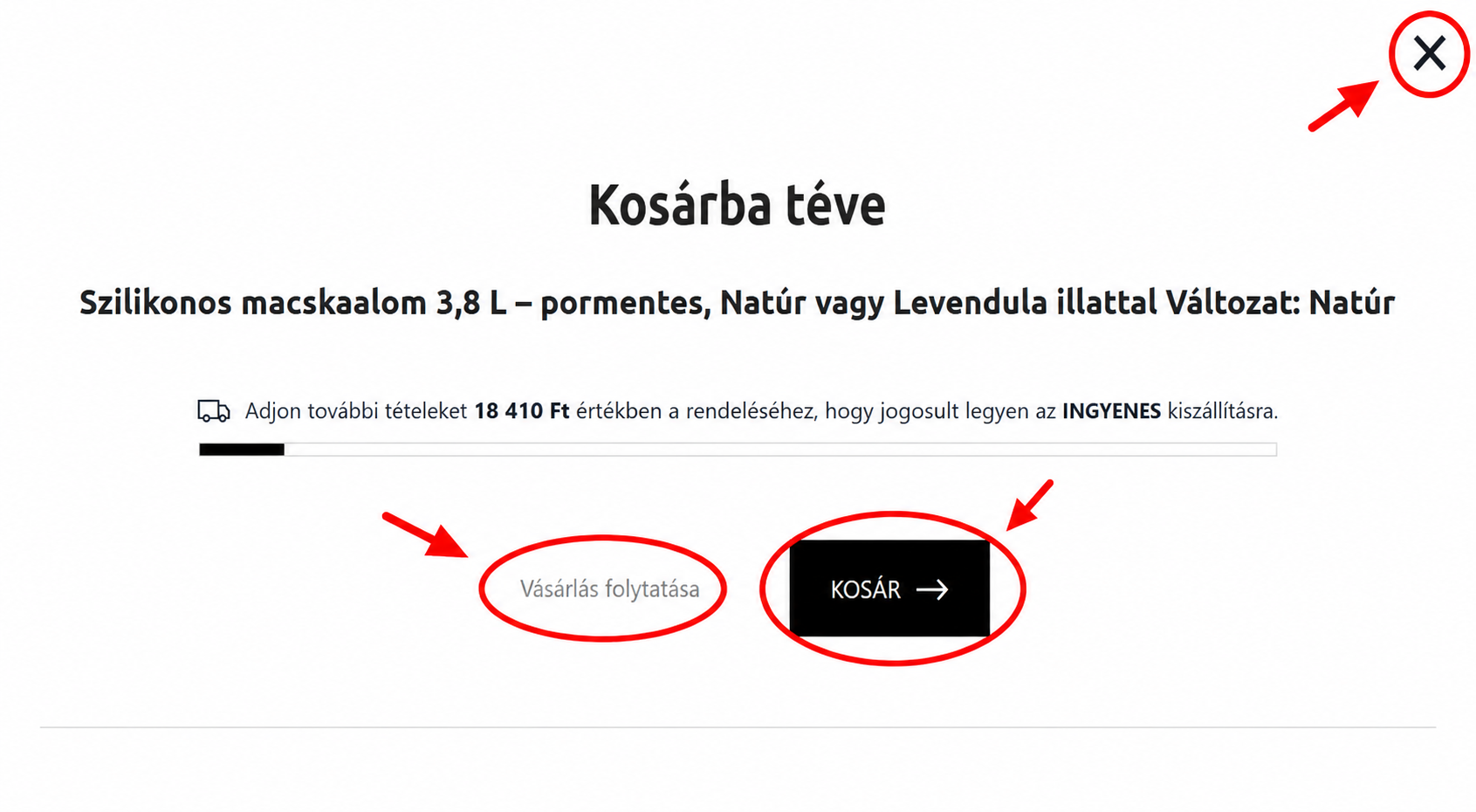 2. Termék kosárba helyezése és gombok