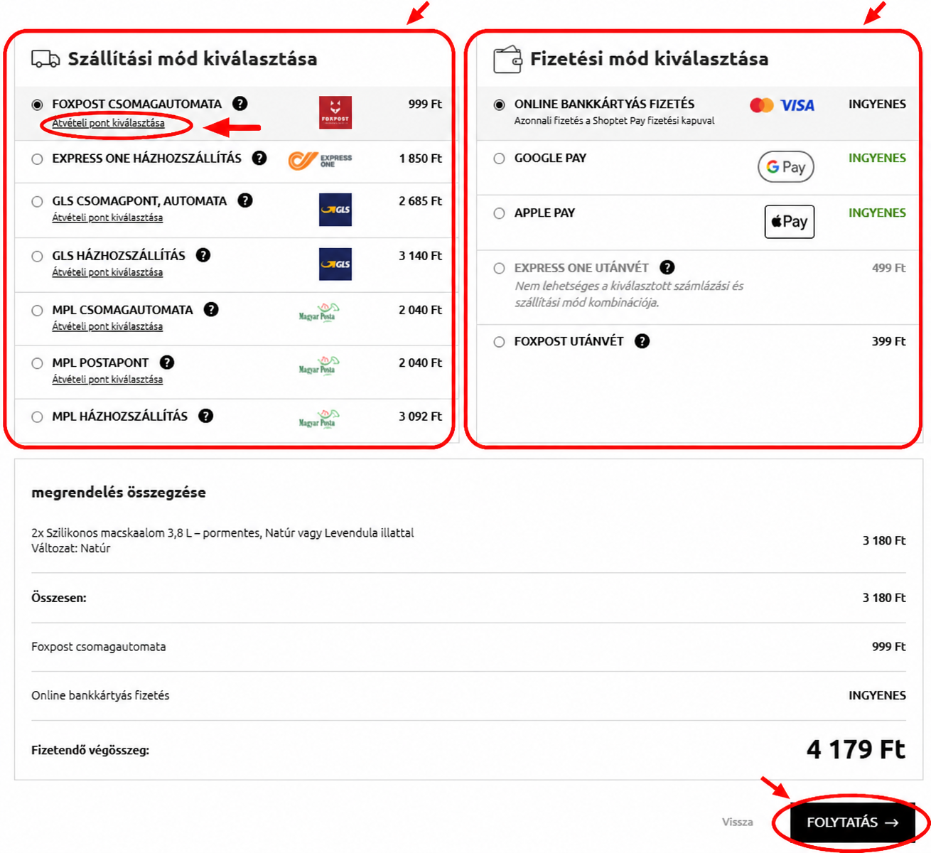 5. Szállítási és fizetési módok kiválasztása