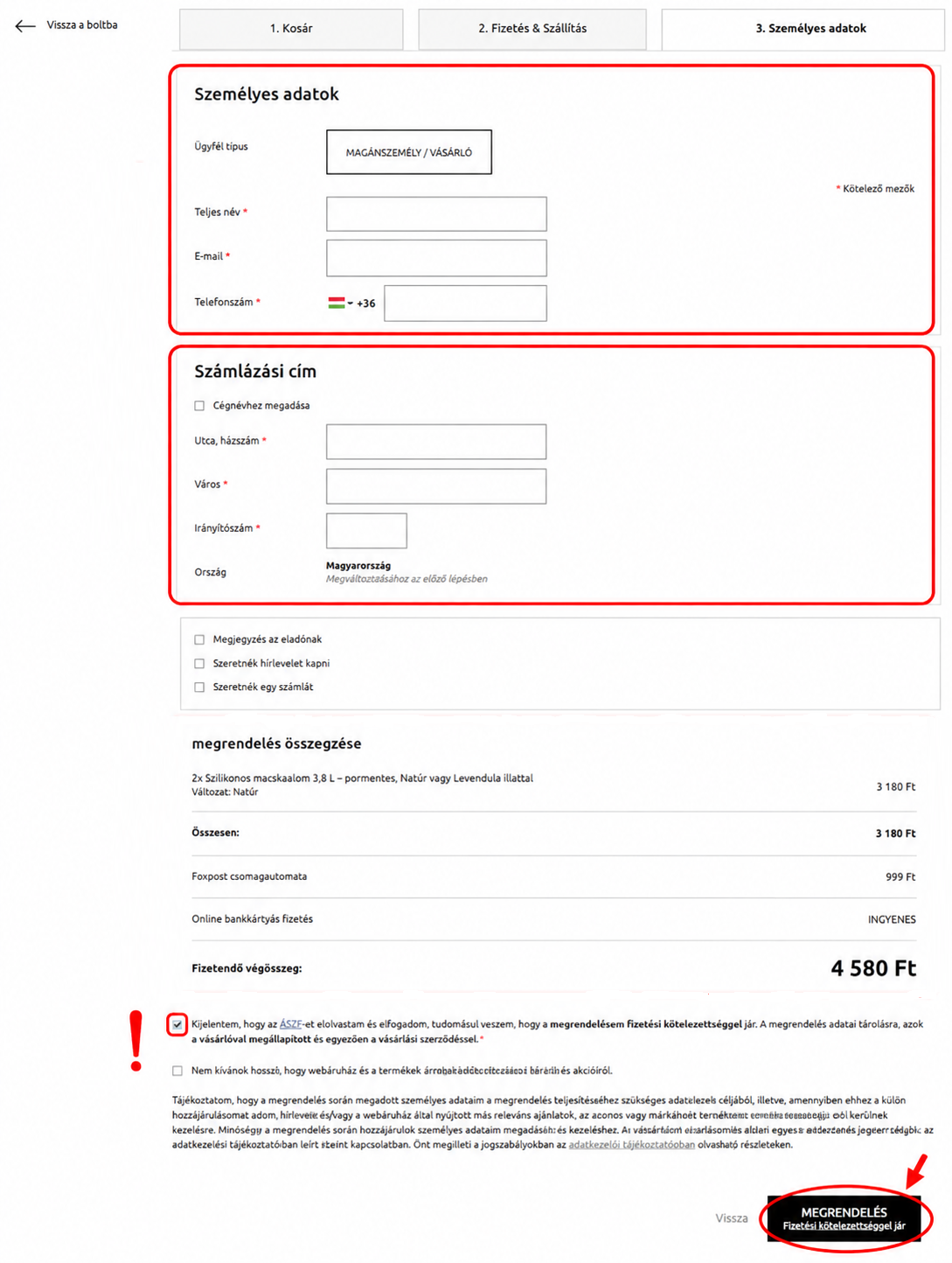 6. Személyes adatok megadása és megrendelés véglegesítése
