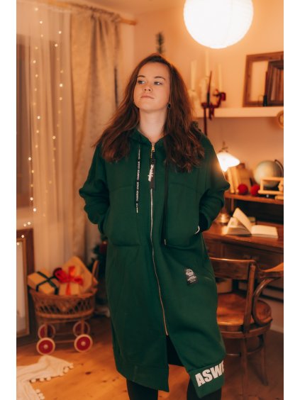 Prodloužená mikina s kapucí na zip Fly Tmavě zelená