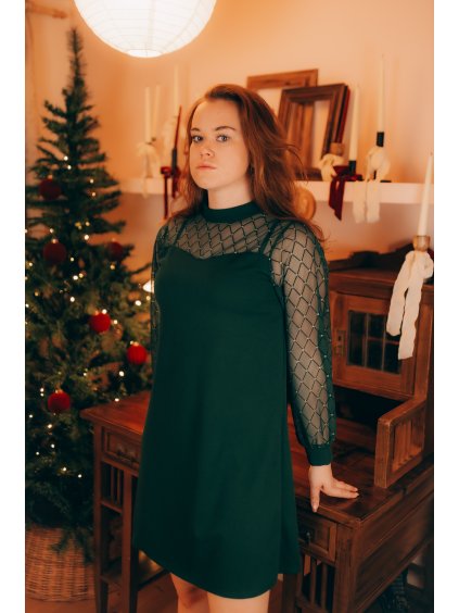 Večerní šaty se síťovanými rukávy a třpytkami Dagmara zelené