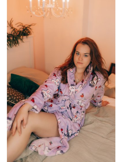 Plyšový župan s motivem králíčků - měkký hřejivý domácí župan - MIX BAREV