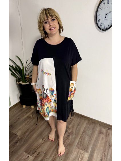 Dámská tunika "Happy Cats" s bočním řasením – černá
