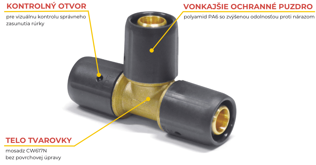 MARROY T-kus nasúvací pushTEXX mosadz, tvarovky push, tvarovky pre plasthliníkové rúrky, tvarovky pre podlahové kúrenie, tvarovky pre rozvody kúrenia, tvarovky pre rozvody vody, Nemecké tvarovky, push fitingi, popis