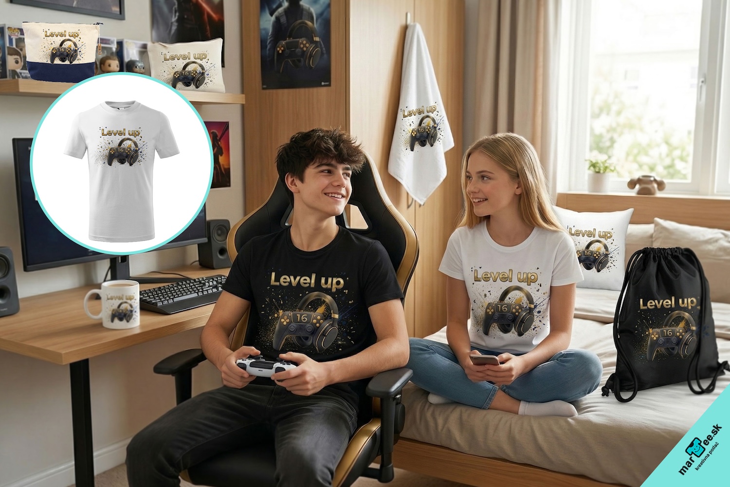 Grafický-motív-Level-Up-playstation-Biele-tričko