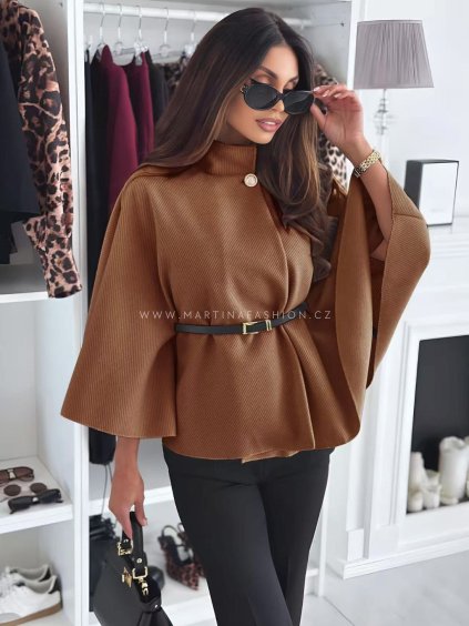 Hnědé elegantní pončo - kabátek MAELIE s páskem