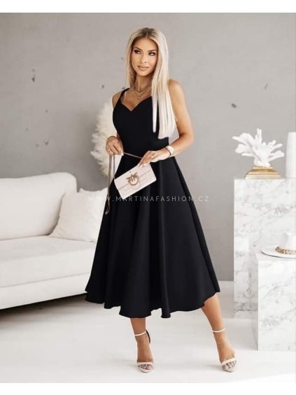 Elegantní černé midi šaty VIANELA s áčkovou sukní