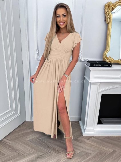 Béžové maxi šaty MERAYNA s volánkovým rukávem a rozparkem