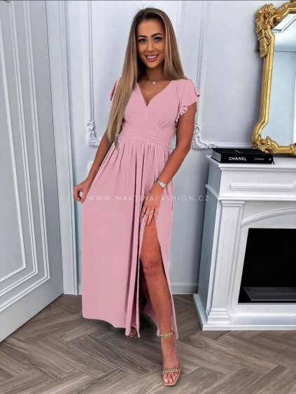 Starorůžové maxi šaty MERAYNA s volánkovým rukávem a rozparkem
