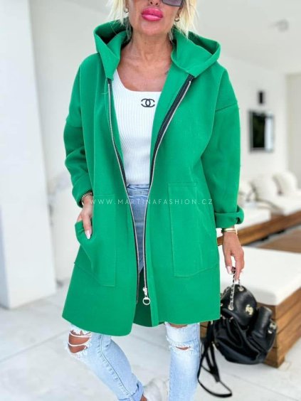 Zelený kabátový cardigan VELLOSA s kapucí