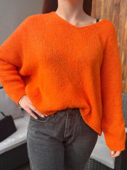 Oranžový pletený svetr FIORAMI s výstřihem do V