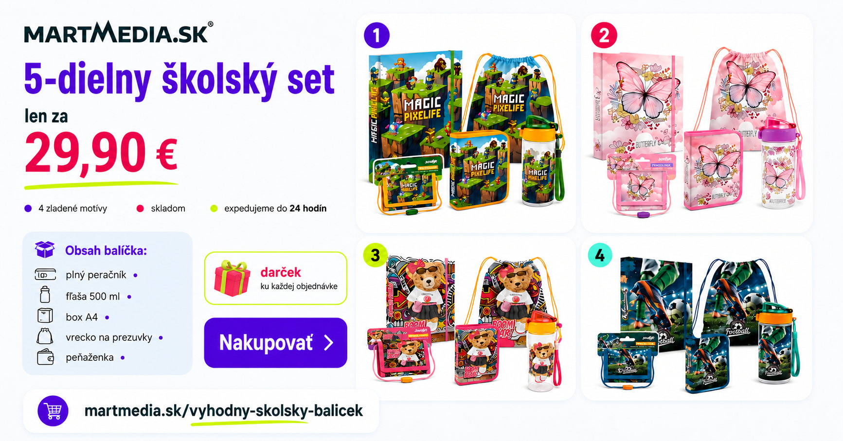 5-dielny školský set – peračník, fľaša, box A4, vrecko na prezuvky a peňaženka