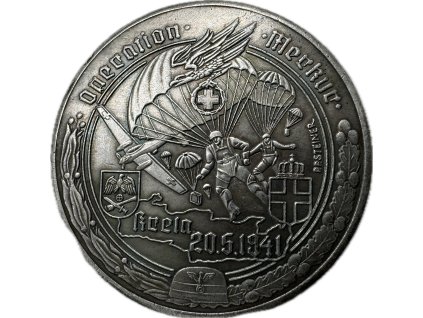 Přední strana medaile s vyobrazením operace Merkur a výsadkářů.