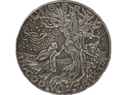 Ručně rytá mince 1954 – unikátní design fantasy stromu