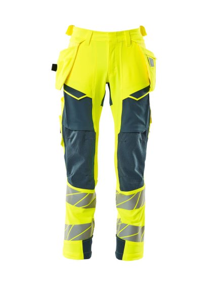 Kalhoty se závěsnými kapsami Hi-vis žlutá/tmavě petrolejová (Velikost 43)