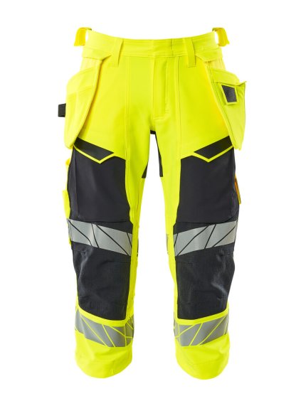 Tříčtvrteční kalhoty se závěsnými kapsami Hi-vis žlutá/černo modrá (Velikost 68)