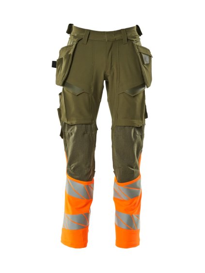 Kalhoty se závěsnými kapsami Mechově zelená/Hi-vis oranžová (Velikost 62)