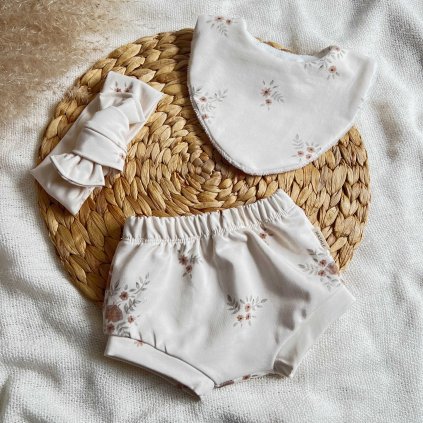 SET 3ks dívčí šortky bummies, mašle klasik a slintáček - květy a můry