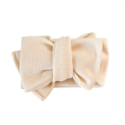 Bavlněná OVERSIZED čelenka s mašlí žebrovaná - CREAM