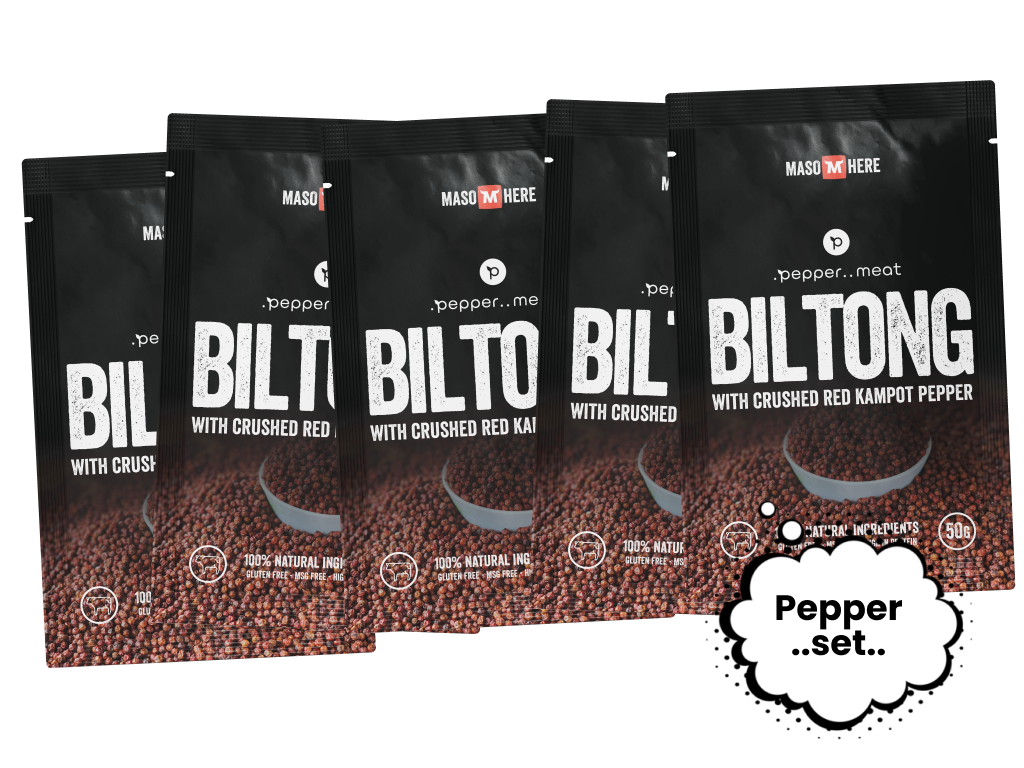 Levně Maso Here Hovězí biltong s kampotským pepřem 10 x 50g