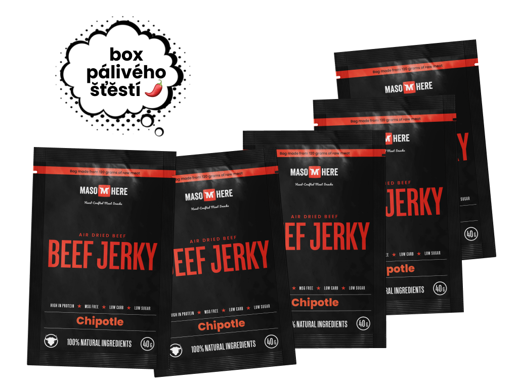 Levně Maso Here - Beef Jerky Chipotle krabice 10 x 40 g