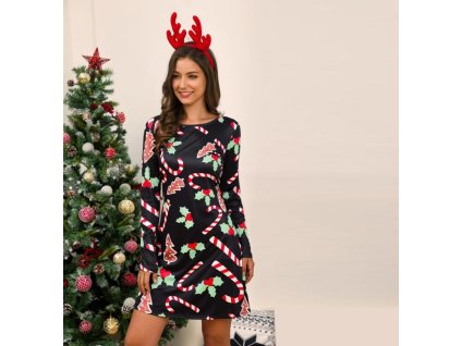 Šaty s vánočním potiskem Christmas XL Velikost Černá s potiskem (Barva Čierna s potlačou, Veľkosť XL Veľkosť)