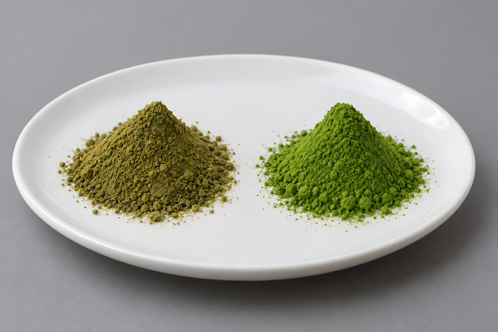 Two matcha powders side by side — a pale, olive one and a vivid green one