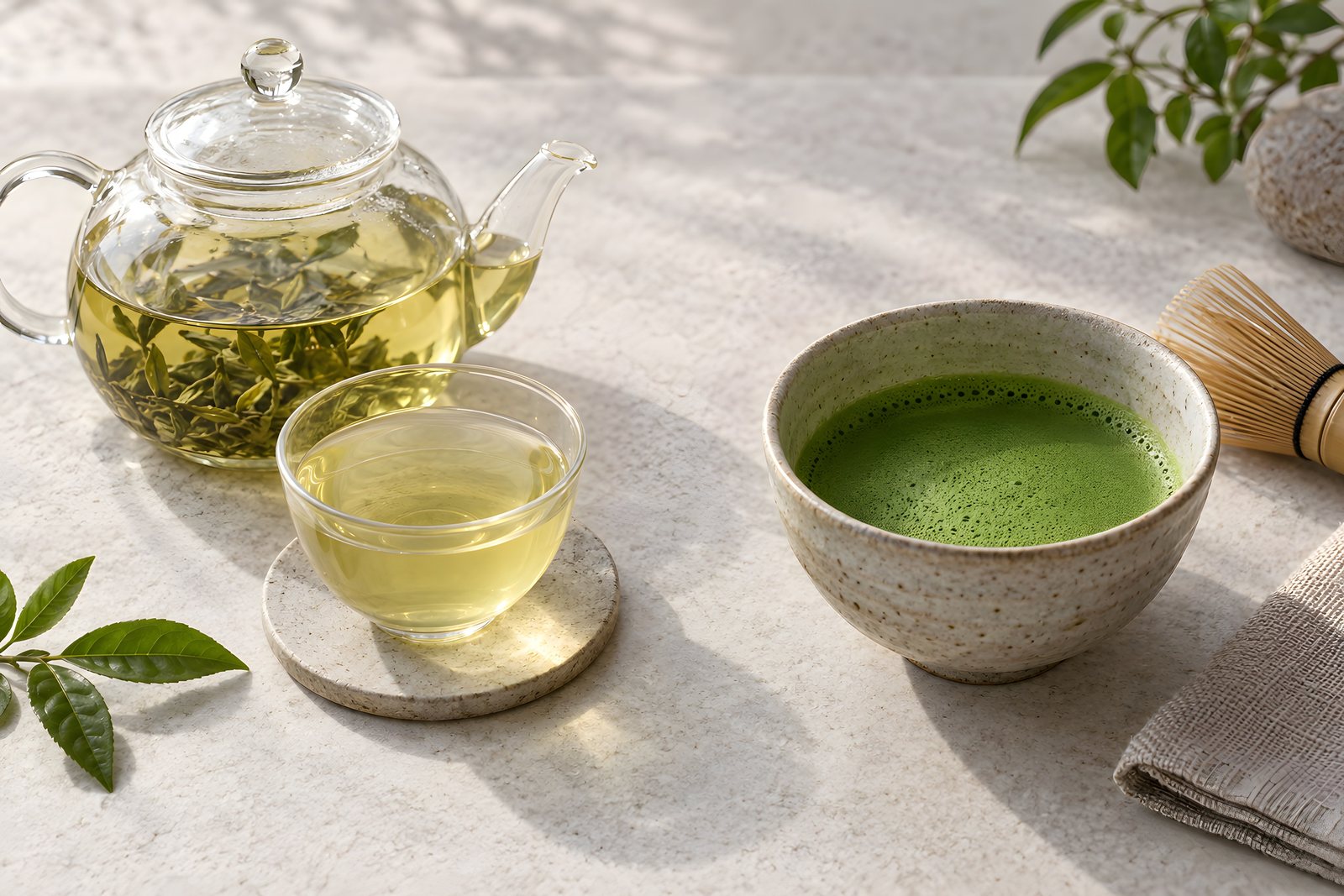 Brewed leaf tea next to whisked matcha — with matcha the whole leaf is consumed