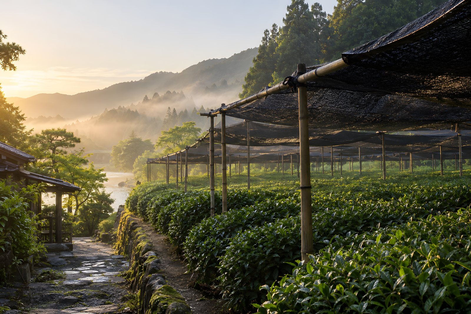 Shaded tea fields in Japan — tencha for matcha grows under shade before harvest