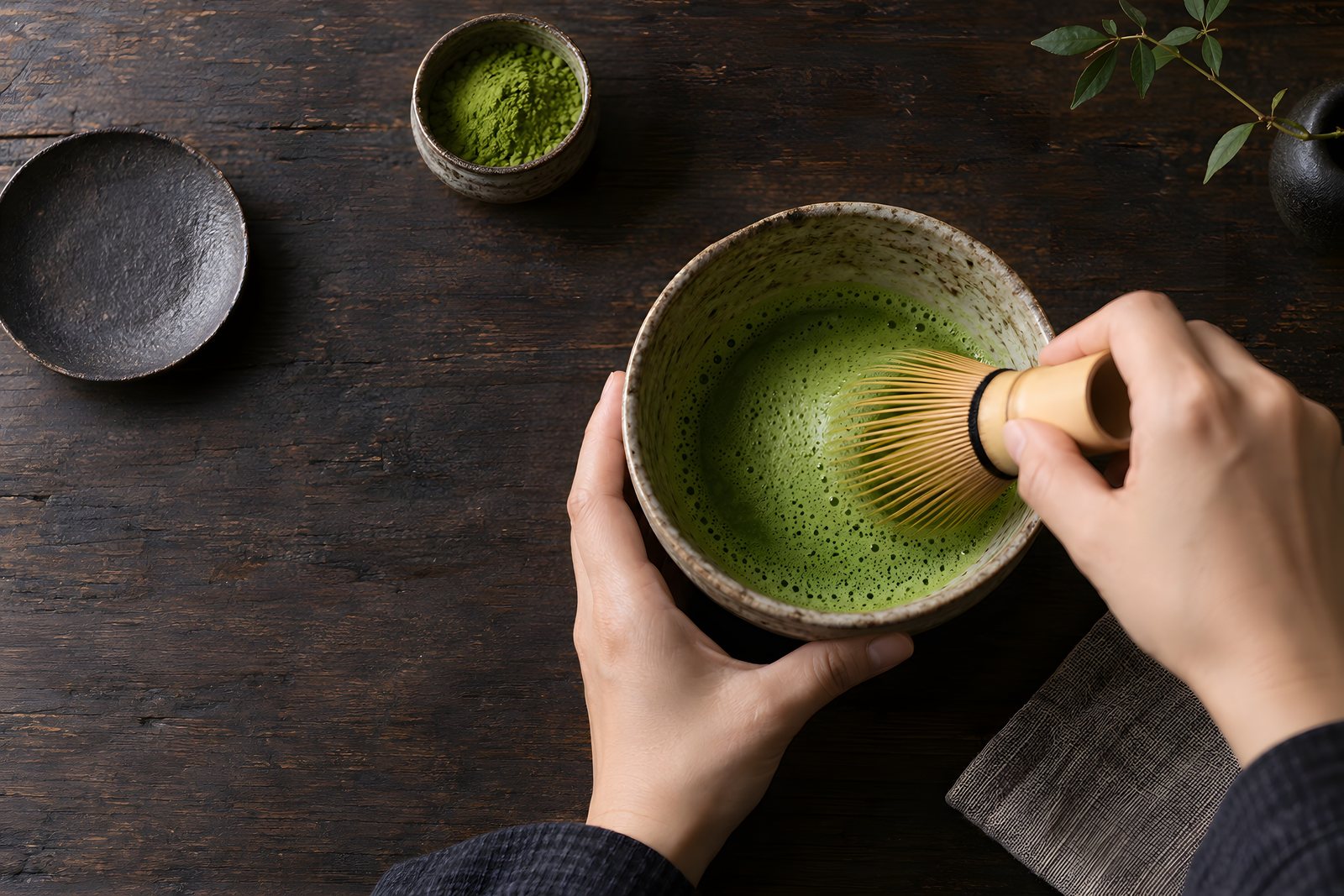 Whisking matcha in a bowl
