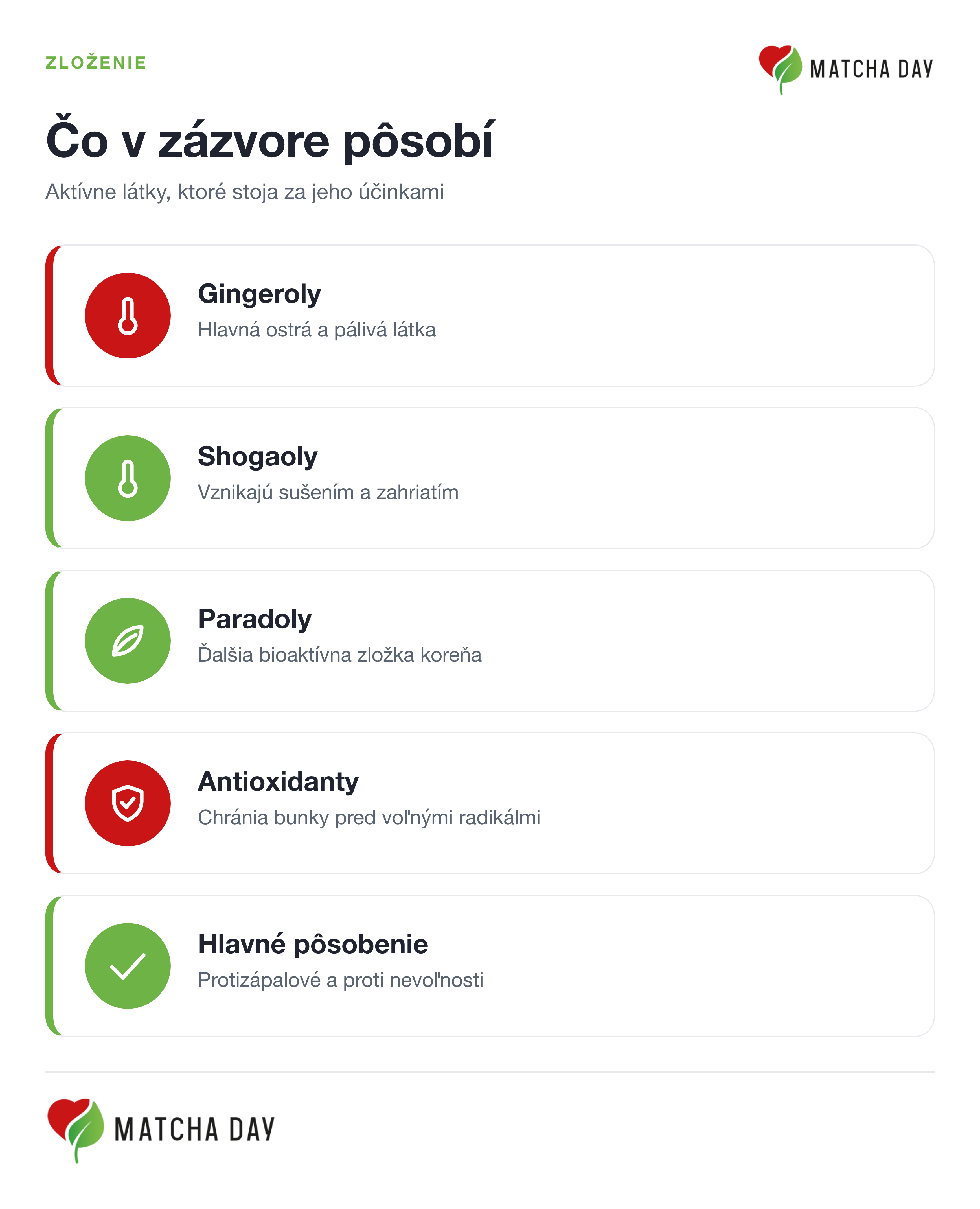 Prehľadová grafika účinných látok v zázvore: gingeroly, shogaoly, paradoly a antioxidanty spolu s ich hlavným pôsobením. Zhrnutie toho, čo v koreni reálne pôsobí.