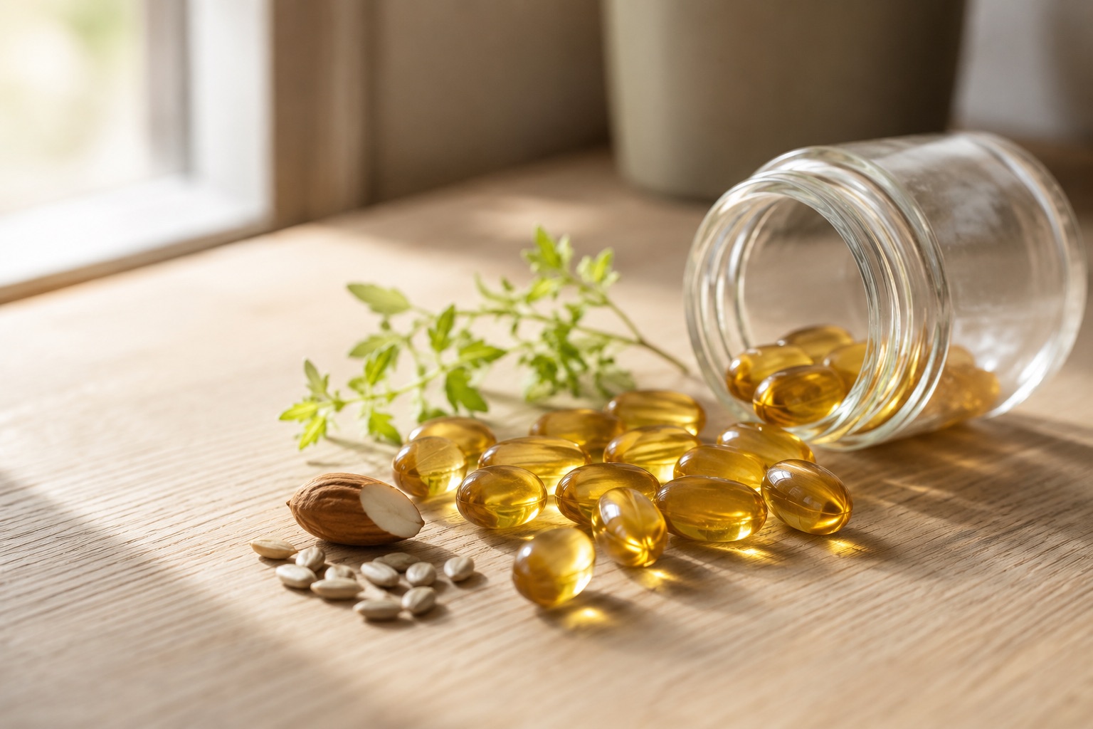 Otvorená sklenená dóza na svetlom dreve, z ktorej sa vysypávajú jantárové kapsuly vitamínu E, vedľa rozpolená mandľa a slnečnicové semienka.