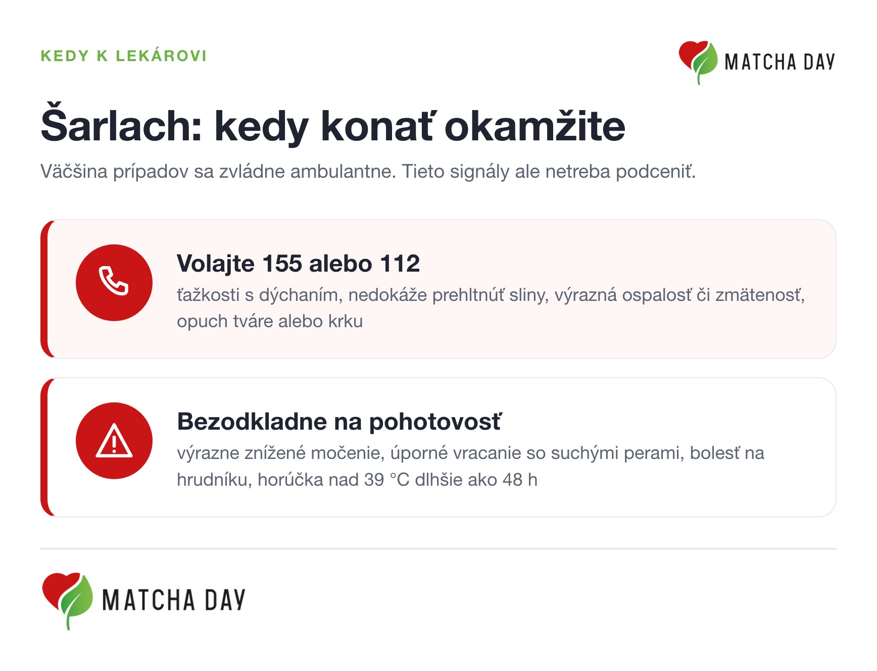 Prehľad, kedy pri šarlachu volať 155 alebo ísť na pohotovosť: ťažkosti s dýchaním, neschopnosť prehltnúť sliny, opuch tváre, výrazne znížené močenie alebo horúčka nereagujúca na lieky dlhšie ako 48 hodín.