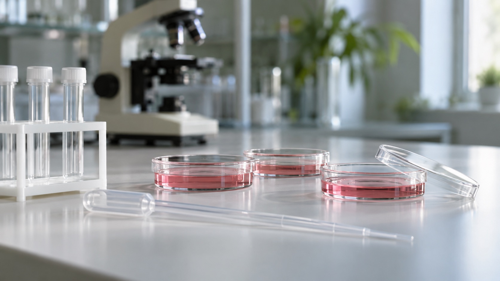Sklenené Petriho misky s ružovým živným roztokom, pipeta a stojan so skúmavkami na laboratórnom stole, kde prebiehajú pokusy s bunkami mimo živého organizmu.