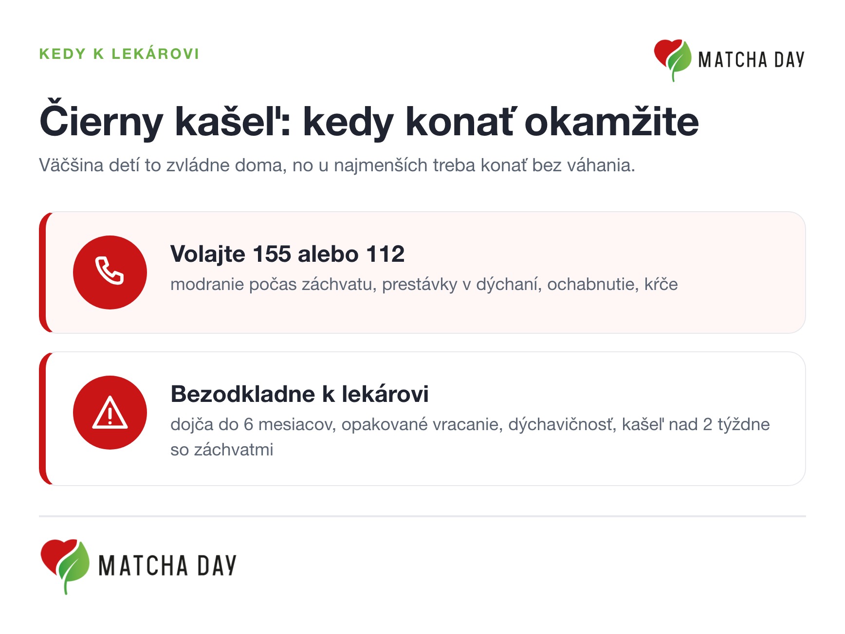 Prehľad, kedy pri čiernom kašli volať 155 alebo ísť na pohotovosť: modranie počas záchvatu, prestávky v dýchaní, dojča do šiestich mesiacov s dlhotrvajúcim kašľom alebo opakované vracanie a neprijímanie tekutín.
