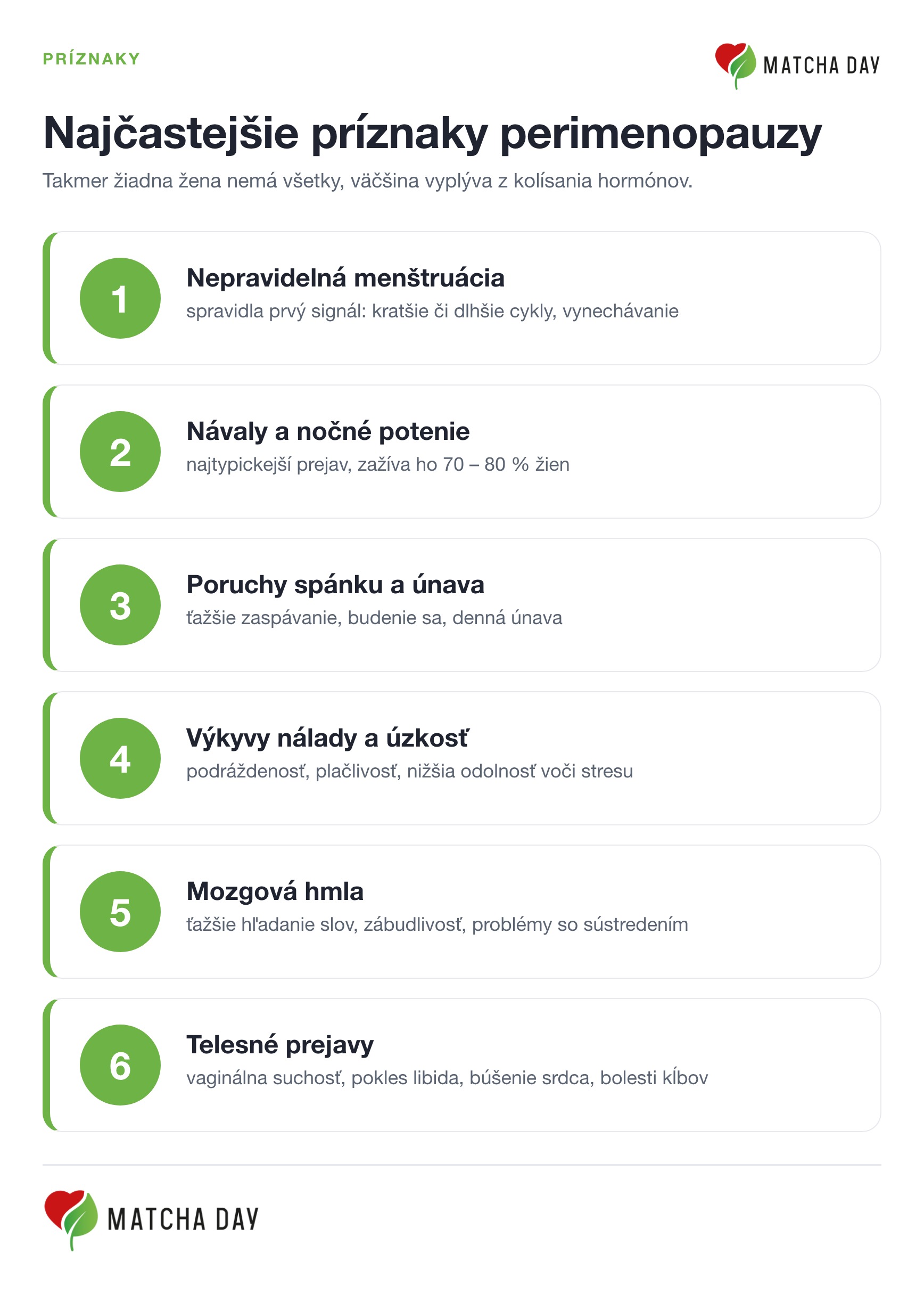 Najčastejšie príznaky perimenopauzy: nepravidelná menštruácia, návaly tepla a nočné potenie, poruchy spánku, výkyvy nálady a úzkosť, mozgová hmla a telesné prejavy.