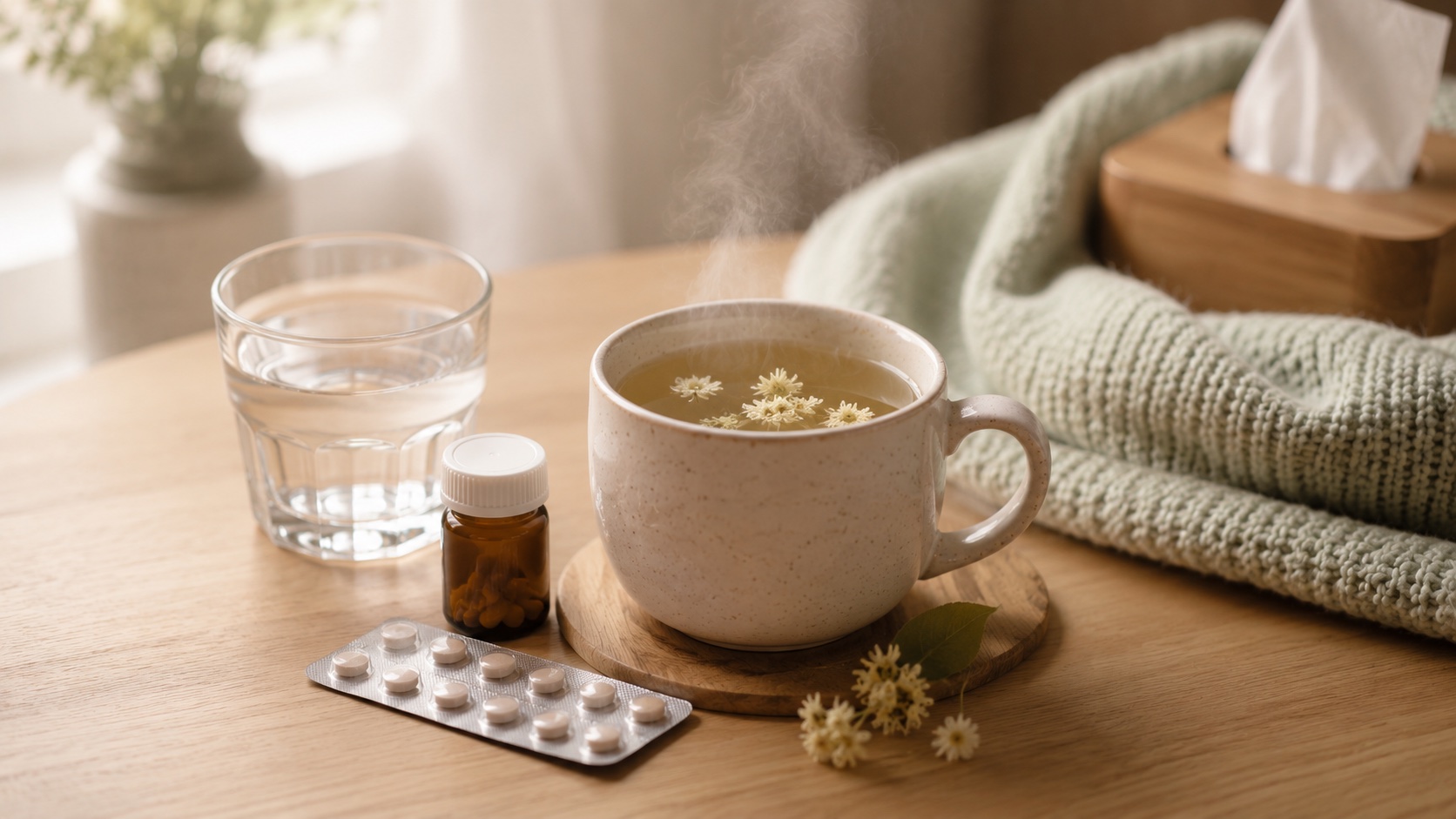 Zátišie s antibiotikami, pohárom vody a hrnčekom teplého bezkofeínového bylinkového čaju. Čierny kašeľ lieči antibiotikum, čaj je len pohodlie počas doliečovania a liečbu nenahrádza.