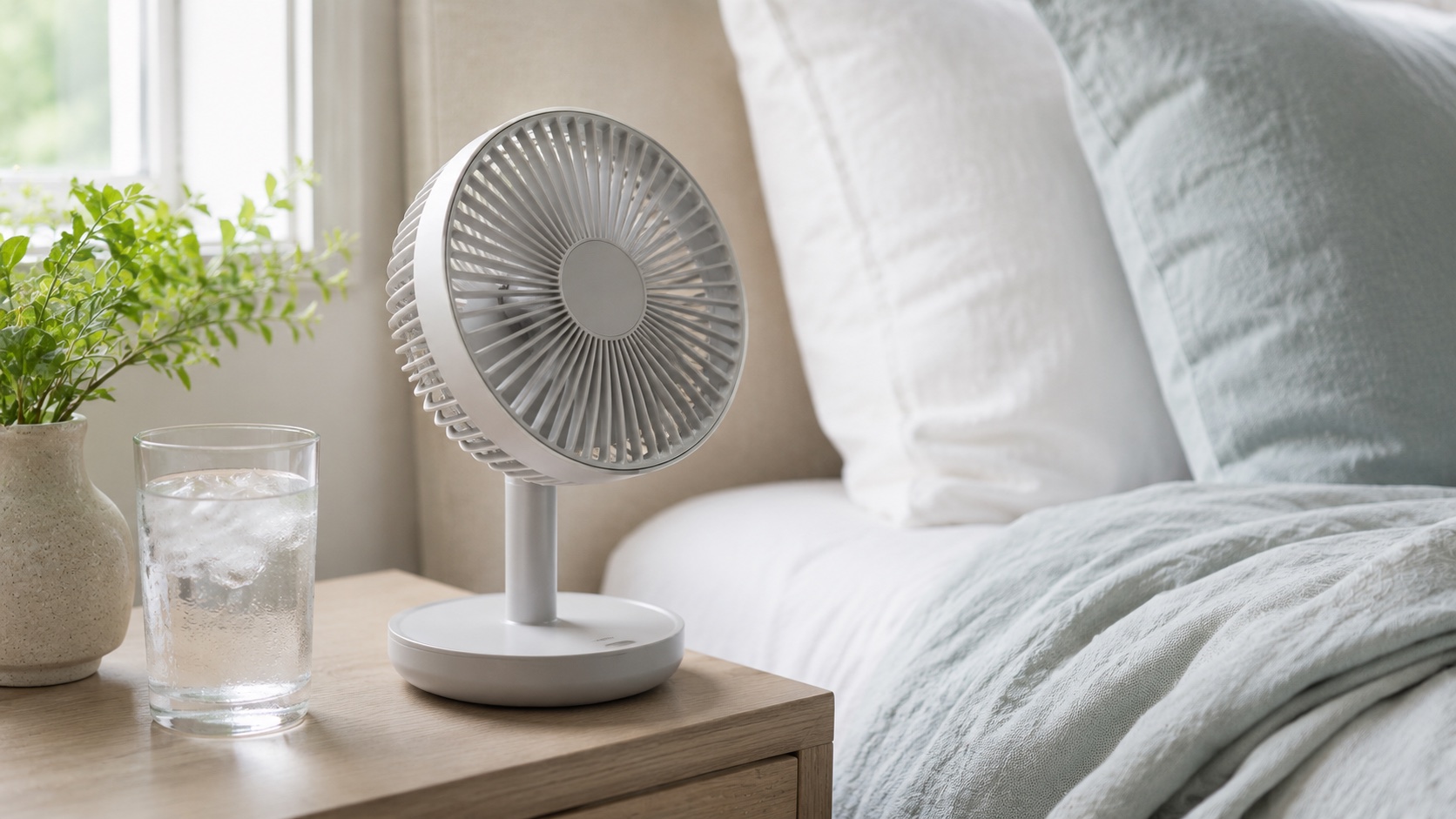 Malý ventilátor a pohár vody s ľadom na nočnom stolíku. Návaly tepla a nočné potenie patria medzi najtypickejšie prejavy perimenopauzy a zažíva ich 70 až 80 % žien.