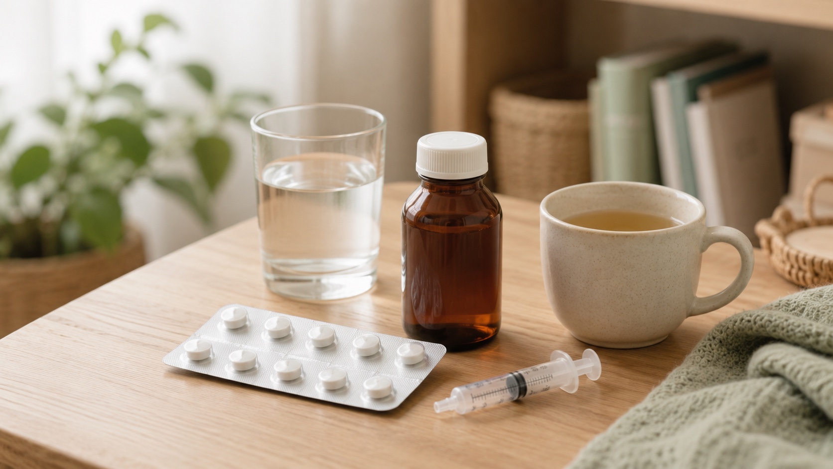 Zátišie s antibiotikami, tekutým antibiotikom s dávkovacou striekačkou, pohárom vody a hrnčekom bylinkového čaju. Šarlach lieči penicilín alebo amoxicilín, čaj len uľaví podráždenému hrdlu.