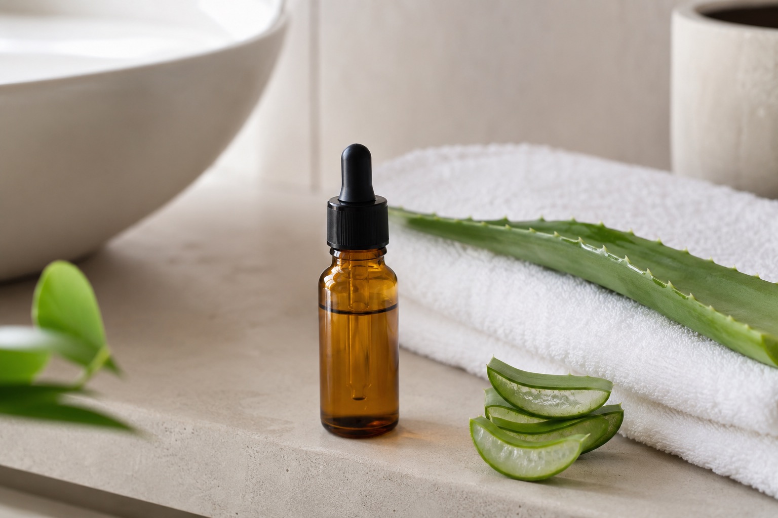 Fľaštička s olejom s vitamínom E s pipetou, čerstvý list aloe vera a zložený biely uterák na svetlej kúpeľňovej poličke. Zátišie k hlavným účinkom vitamínu E na bunky a pokožku.