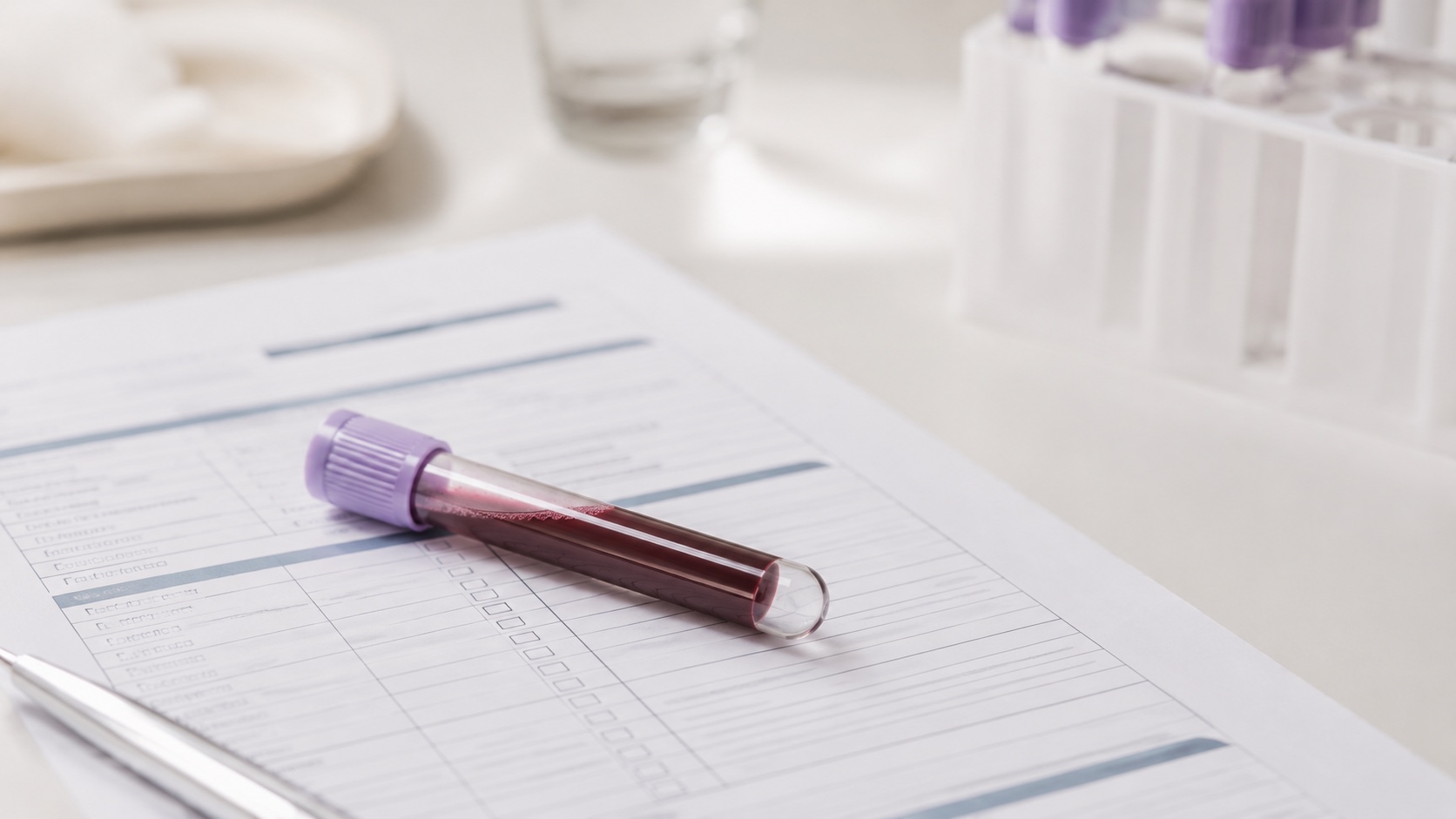 Skúmavka s krvnou vzorkou na laboratórnej žiadanke. V perimenopauze hormóny kolíšu natoľko, že jeden krvný odber je nespoľahlivý a diagnóza sa opiera o vek a príznaky.