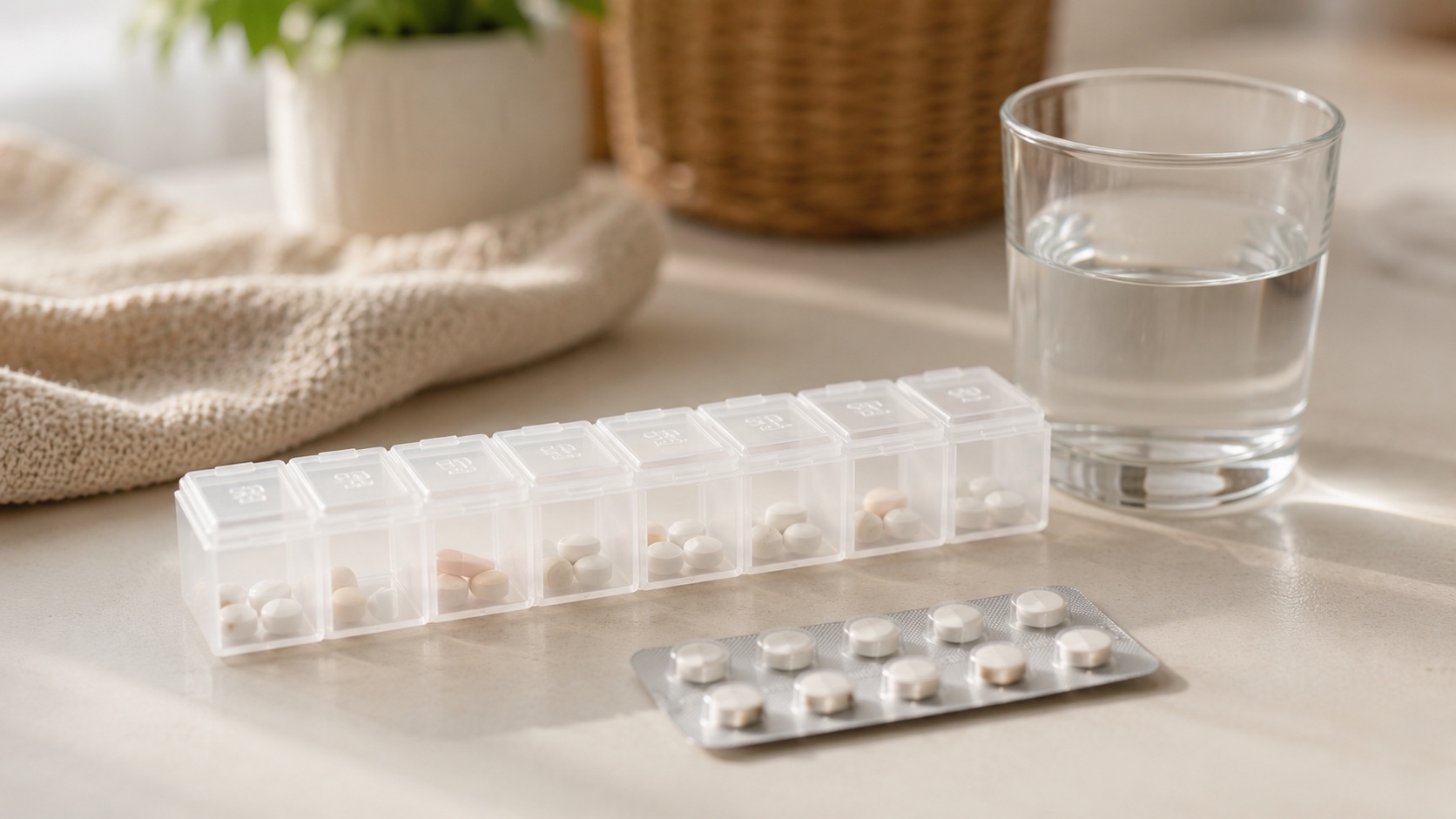 Týždenný dávkovač liekov s priehradkami a blister tabliet pri pohári vody. Antibiotiká pri šarlachu treba dobrať celých desať dní, predčasné vysadenie je hlavnou príčinou komplikácií.