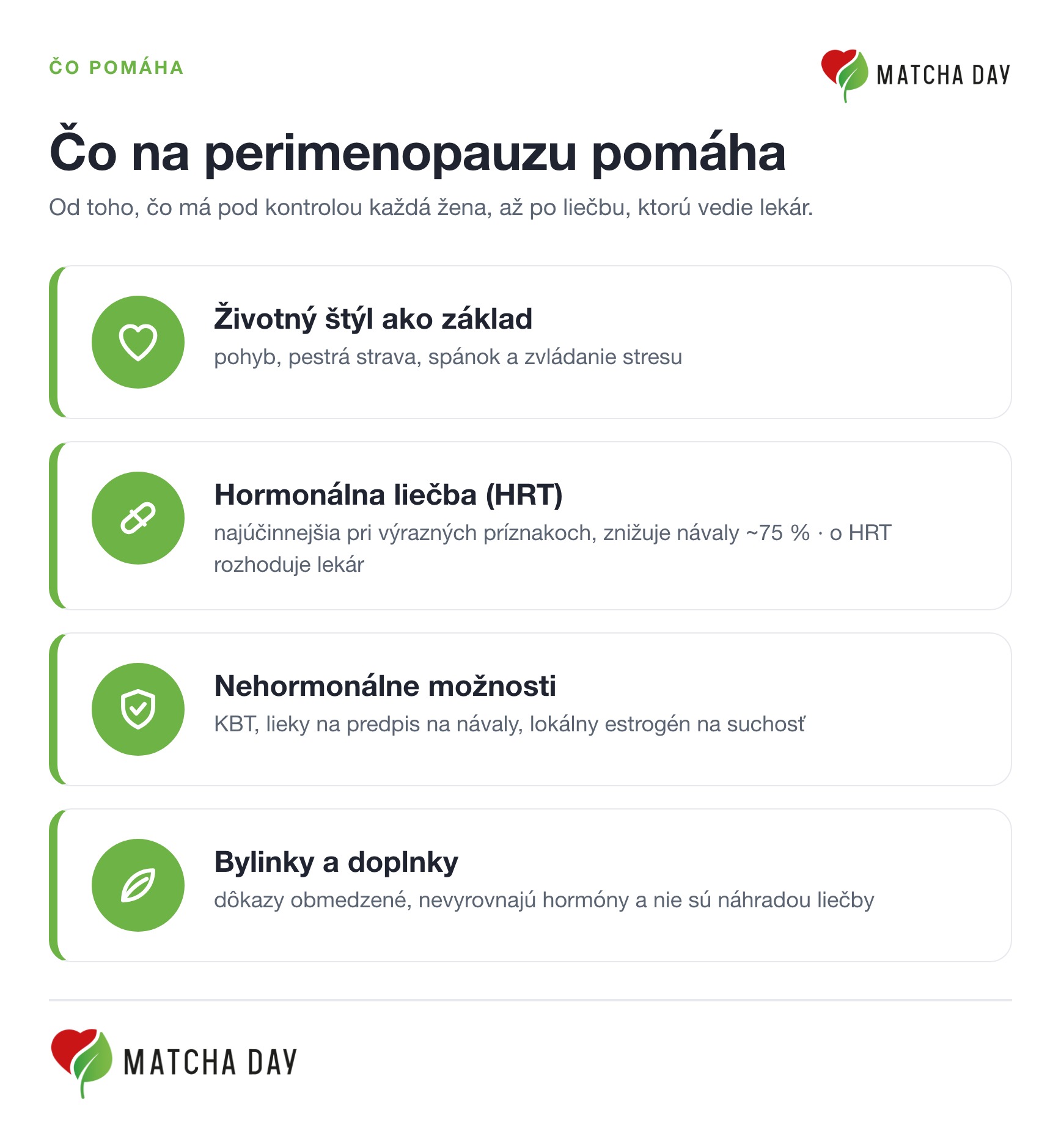 Čo pomáha na perimenopauzu: životný štýl ako základ, hormonálna liečba (HRT) ako najúčinnejšia možnosť pri výrazných príznakoch, nehormonálne možnosti a doplnky len ako podpora pohody.