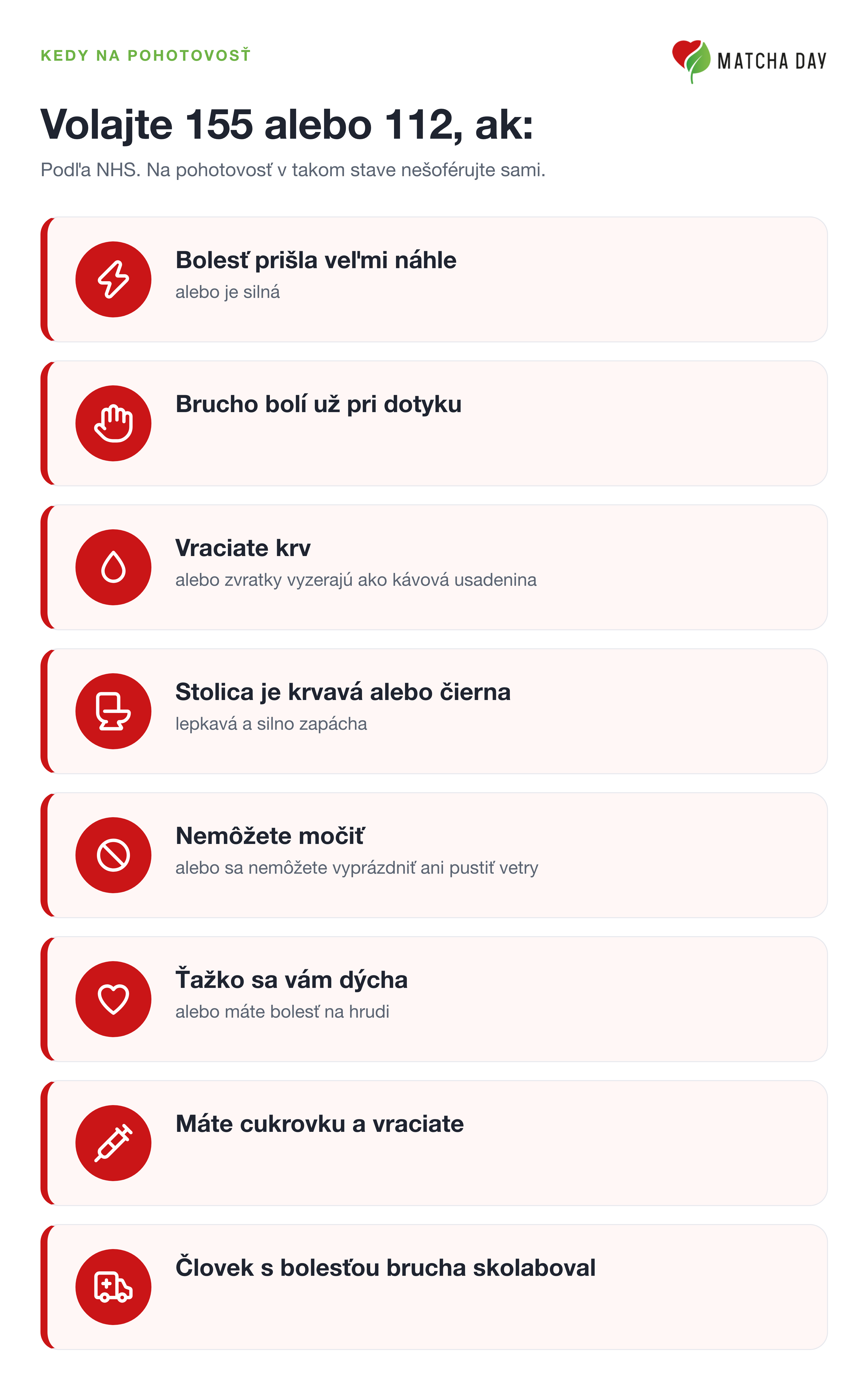 Infografika Kedy na pohotovosť: volajte 155 alebo 112, ak bolesť prišla veľmi náhle alebo je silná, brucho bolí už pri dotyku, vraciate krv, stolica je krvavá alebo čierna, nemôžete močiť alebo sa nemôžete vyprázdniť ani pustiť vetry, ťažko sa vám dýcha, máte cukrovku a vraciate alebo človek s bolesťou brucha skolaboval.