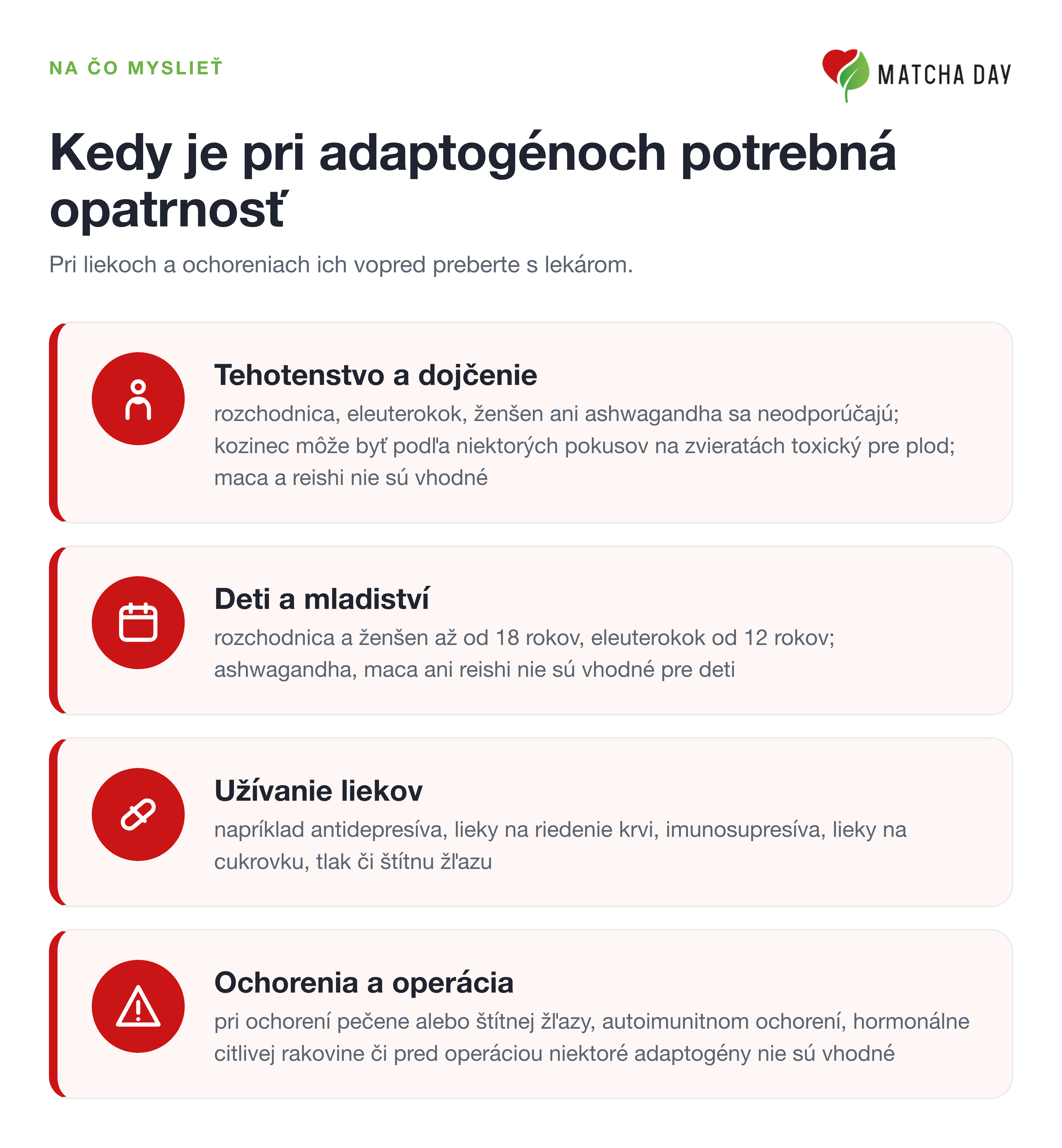 Infografika so štyrmi kartami o tom, kedy je pri adaptogénoch potrebná opatrnosť: tehotenstvo a dojčenie, deti a mladiství, užívanie liekov, ochorenia a operácia. Podnadpis pripomína, že pri liekoch a ochoreniach ich treba vopred prebrať s lekárom.