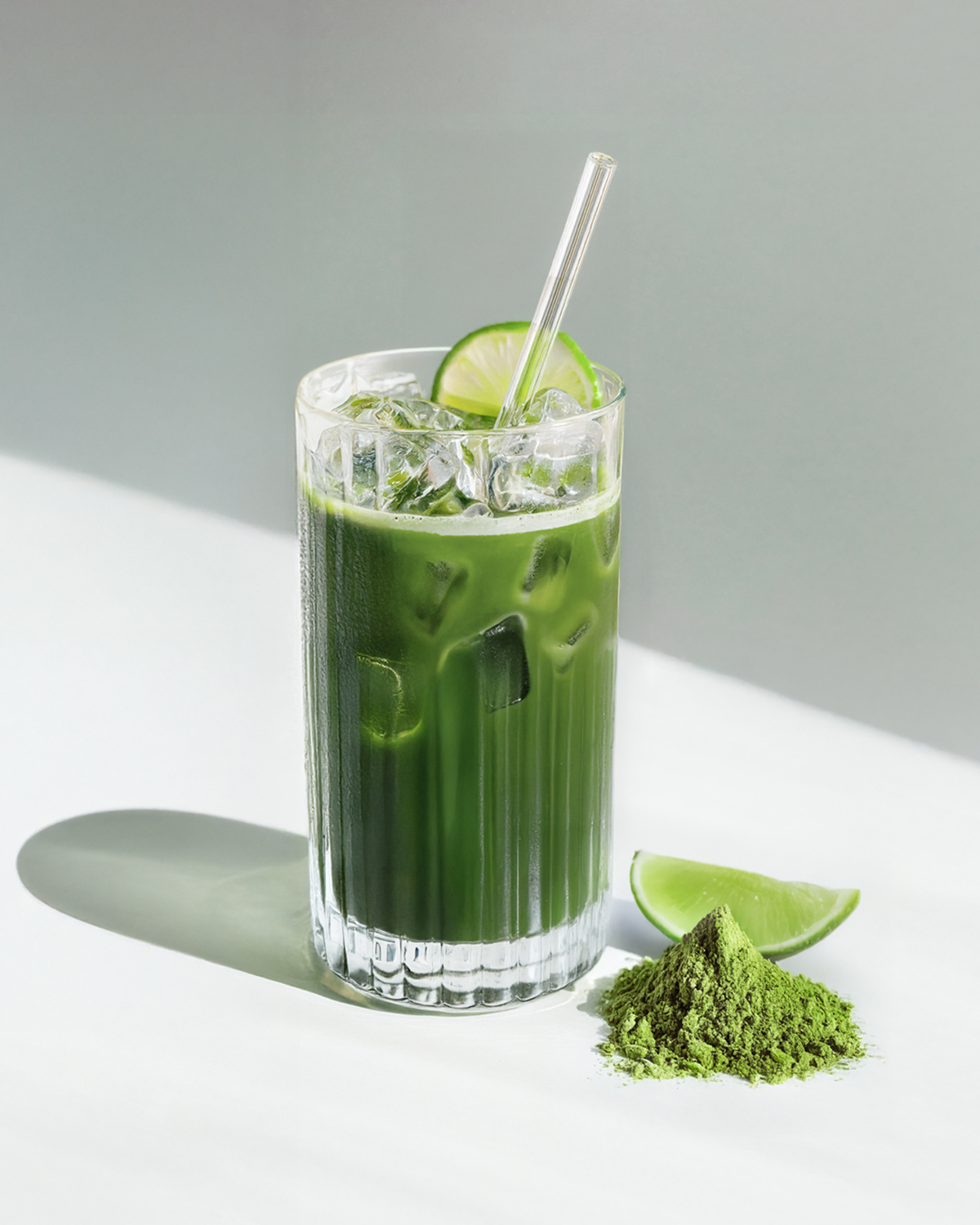 Ledový matcha drink s limetkou a matcha práškem