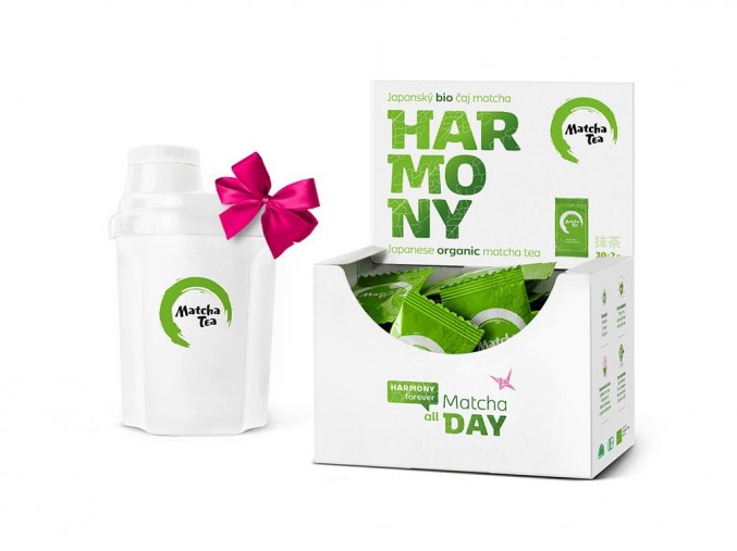 Pravy japonsky Bio Matcha Tea Harmony 2x balení dírek navíc zdarma šejkr 300 ml