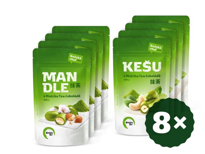 Hrisne dobre orisky mandle kesu v matcha tea cokolade vyhodny set